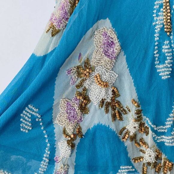 Tracy Reese Blue Beaded Embellished Peacock Silk Camisole Tunic Blouse Top - Picture 6 of 16